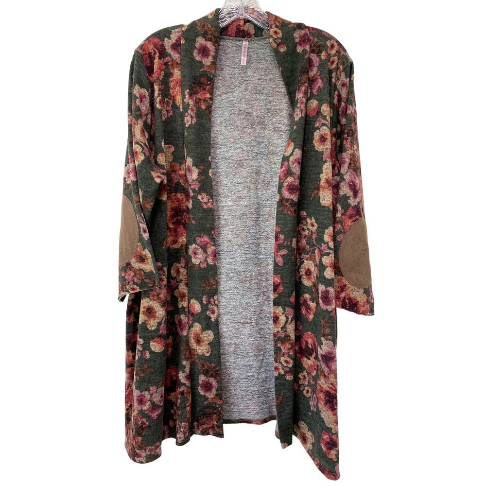 Boho Floral Duster Cardigan Plus Sz‎ 2X Open Front Elbow Patches Hippie Prairie